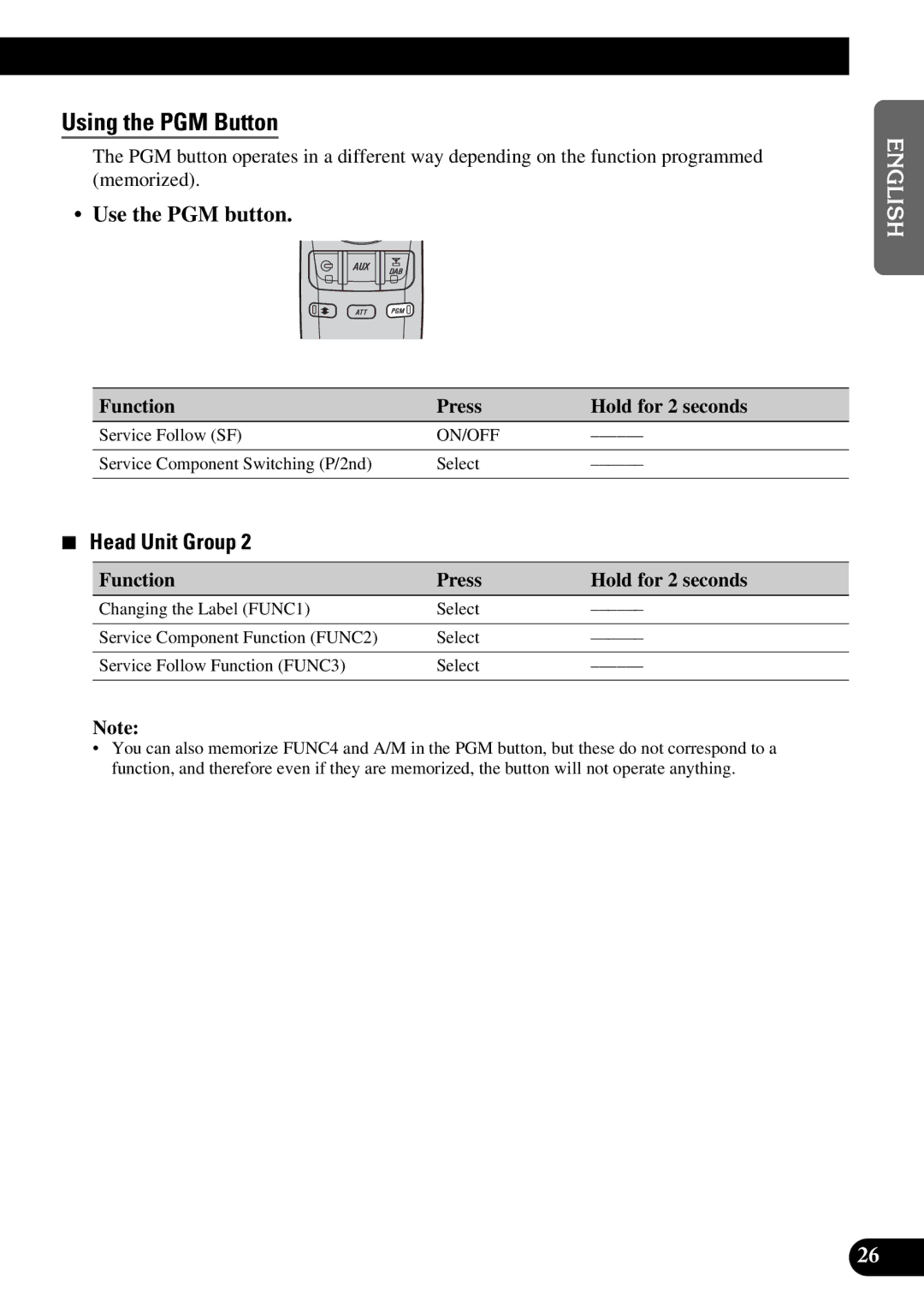 Pioneer GEX-P900DAB operation manual Using the PGM Button, Use the PGM button, Function Press Hold for 2 seconds 