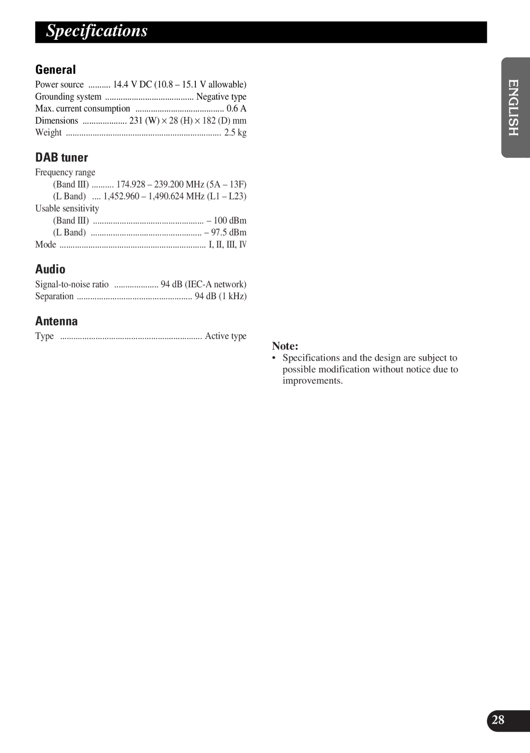 Pioneer GEX-P900DAB operation manual Specifications, General, DAB tuner, Audio, Antenna 