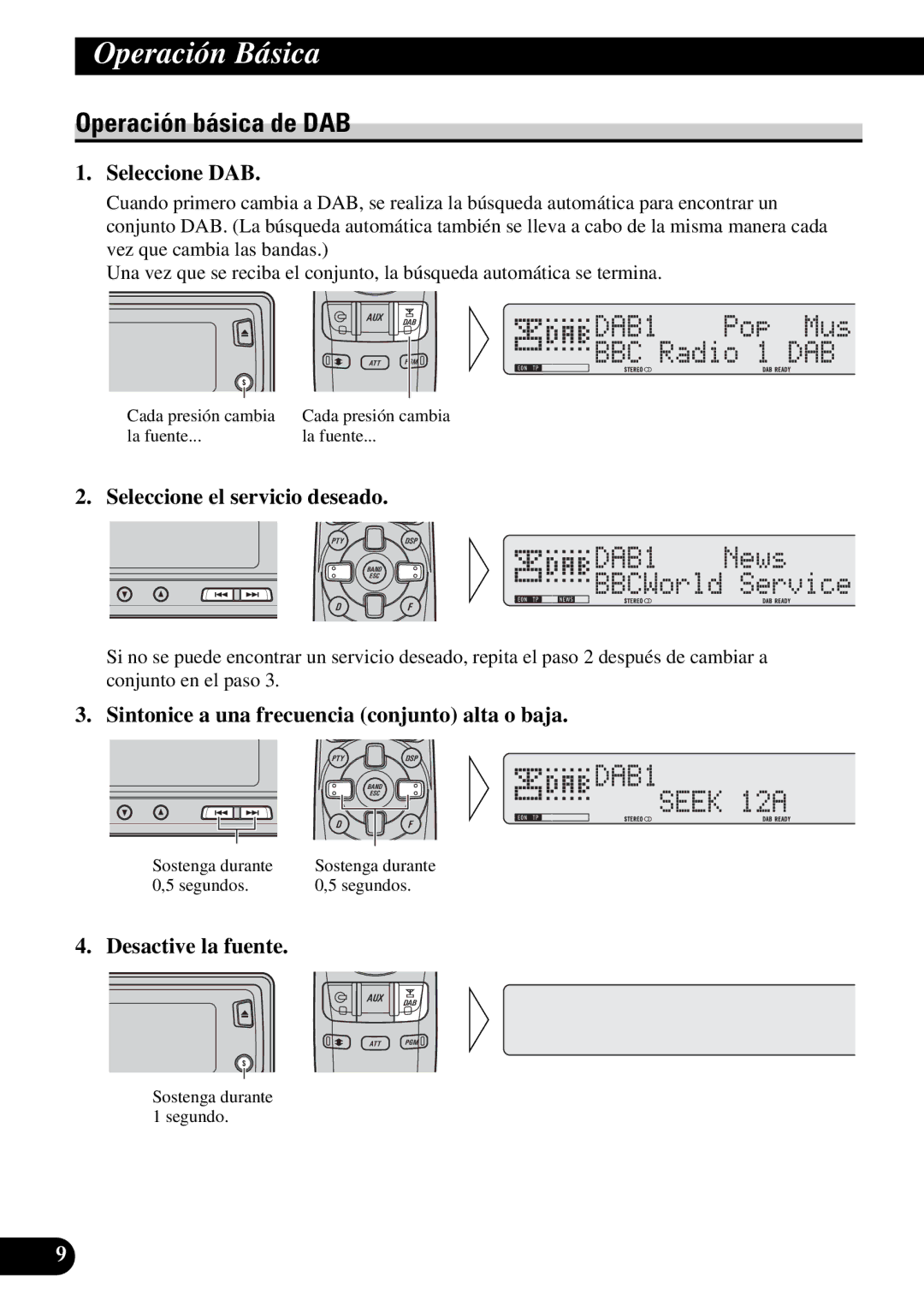 Pioneer GEX-P900DAB operation manual Operación básica de DAB, Seleccione el servicio deseado, Desactive la fuente 