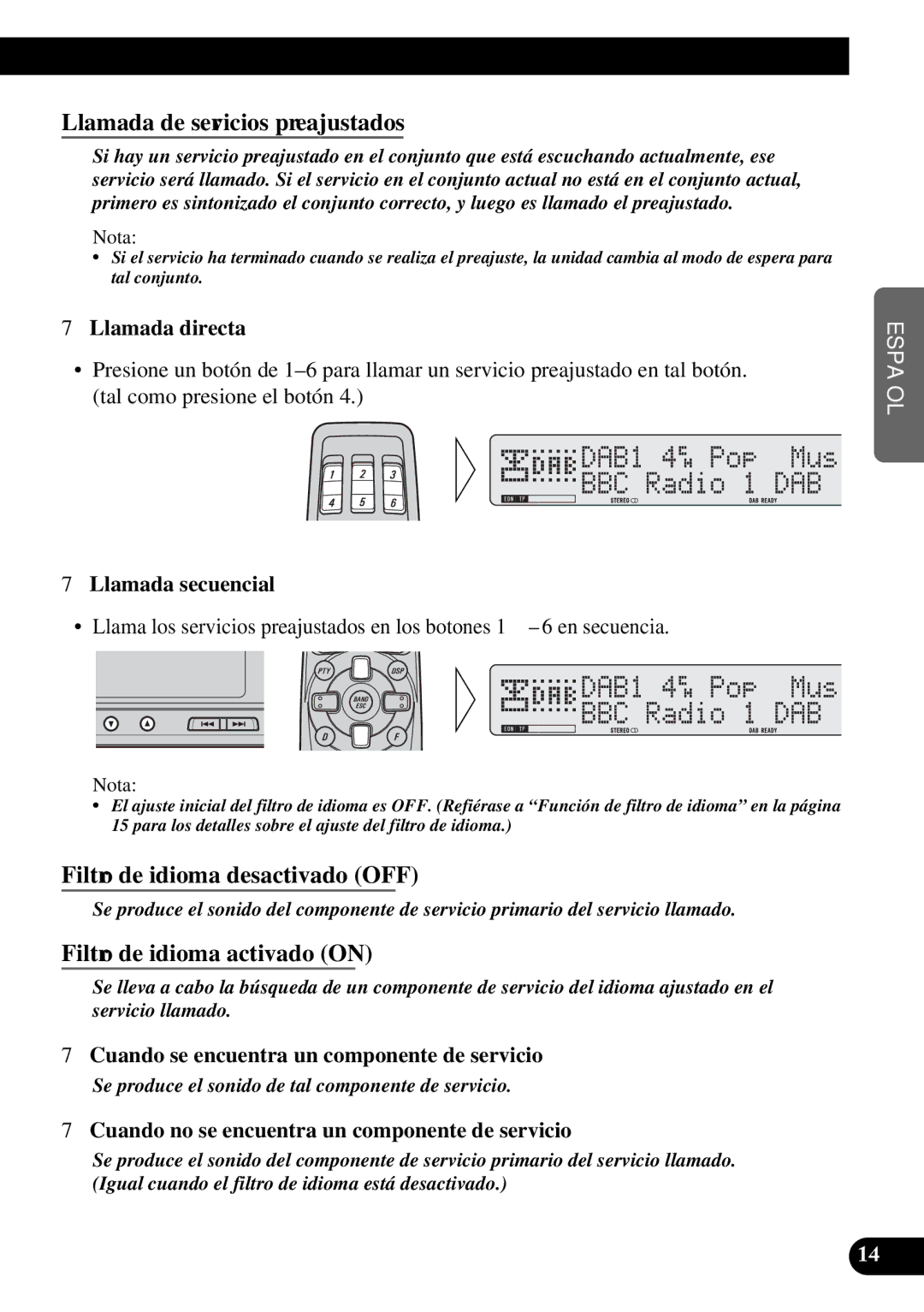 Pioneer GEX-P900DAB operation manual Llamada de servicios preajustados, Llamada directa, Llamada secuencial 