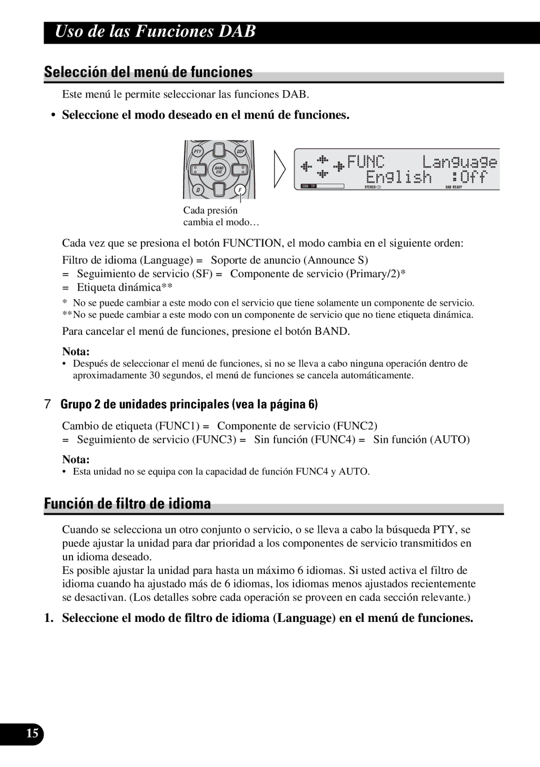 Pioneer GEX-P900DAB operation manual Uso de las Funciones DAB, Selección del menú de funciones, Función de filtro de idioma 