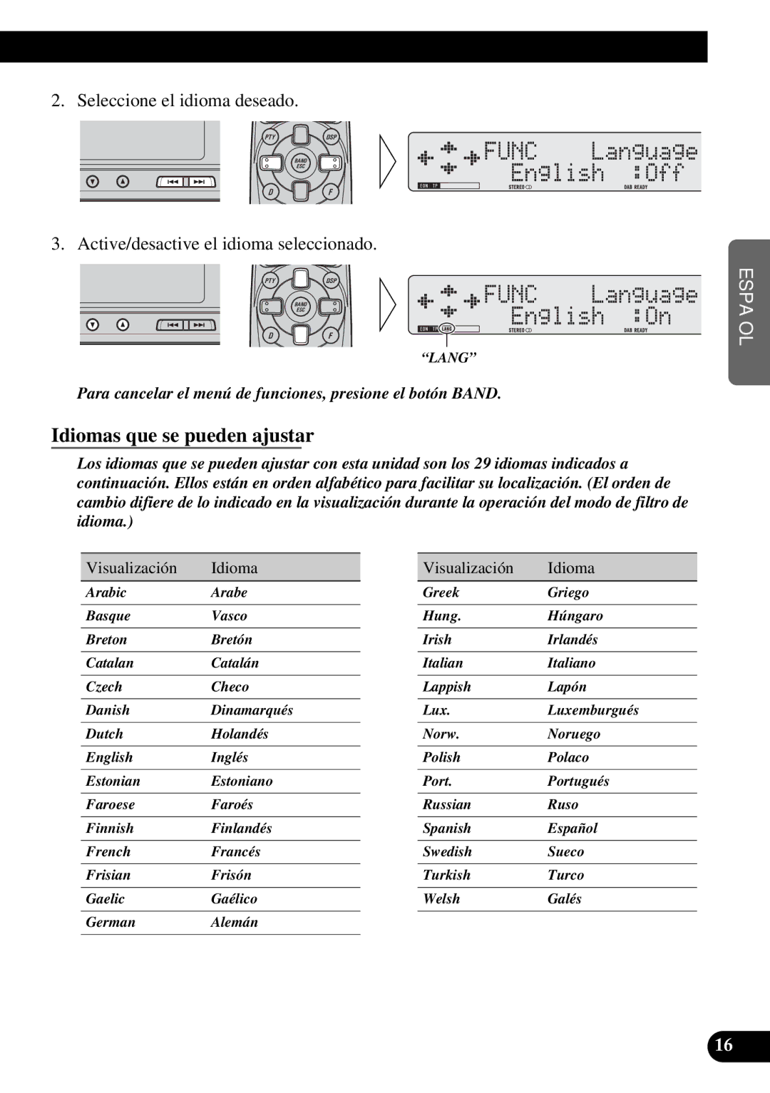 Pioneer GEX-P900DAB operation manual Idiomas que se pueden ajustar, Visualización Idioma 