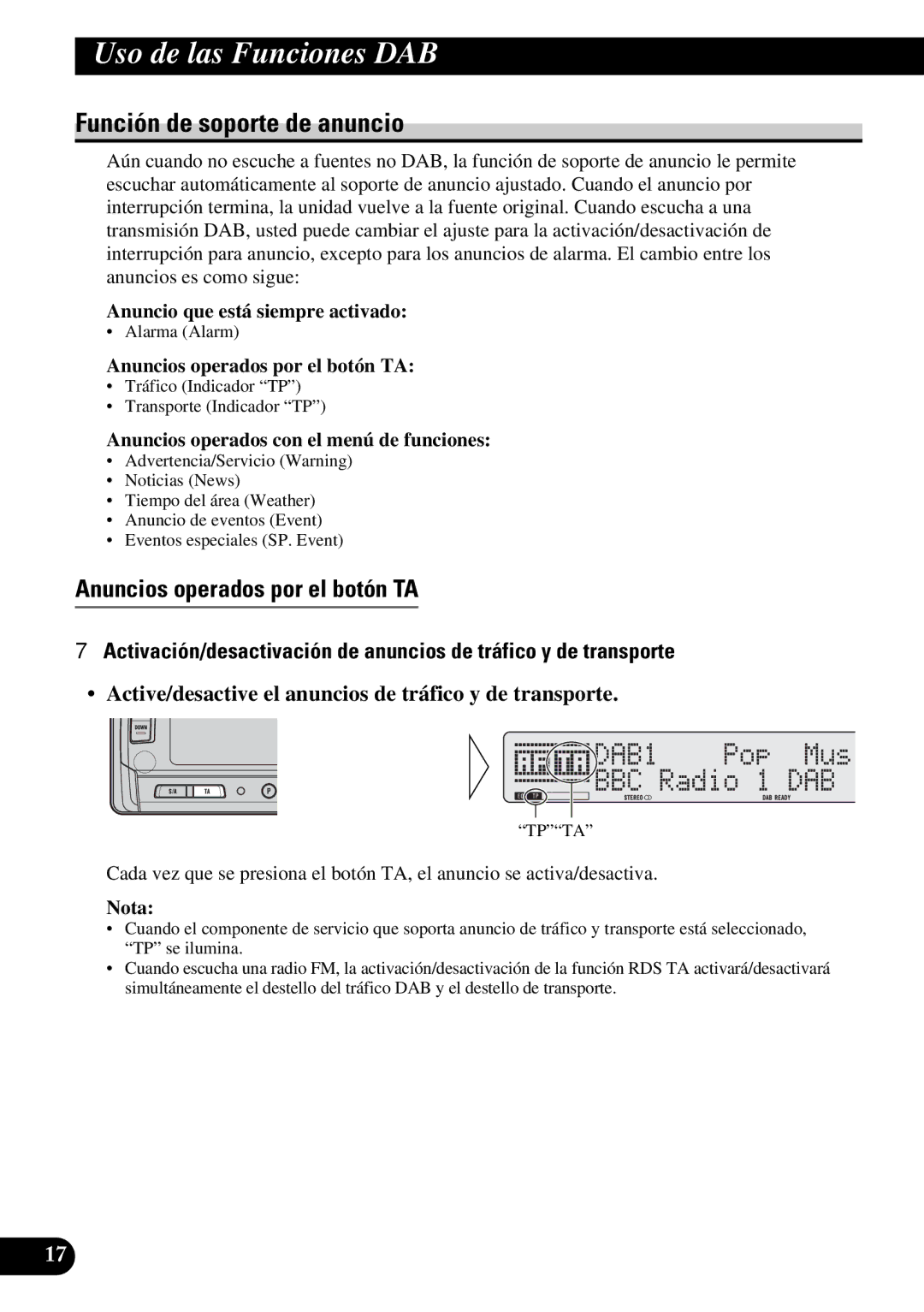 Pioneer GEX-P900DAB operation manual Función de soporte de anuncio, Anuncios operados por el botón TA 