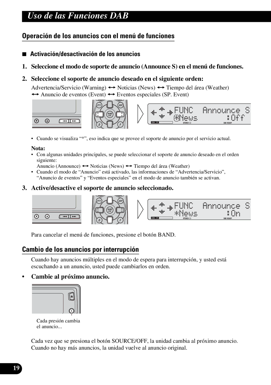 Pioneer GEX-P900DAB Operación de los anuncios con el menú de funciones, Cambio de los anuncios por interrupción 