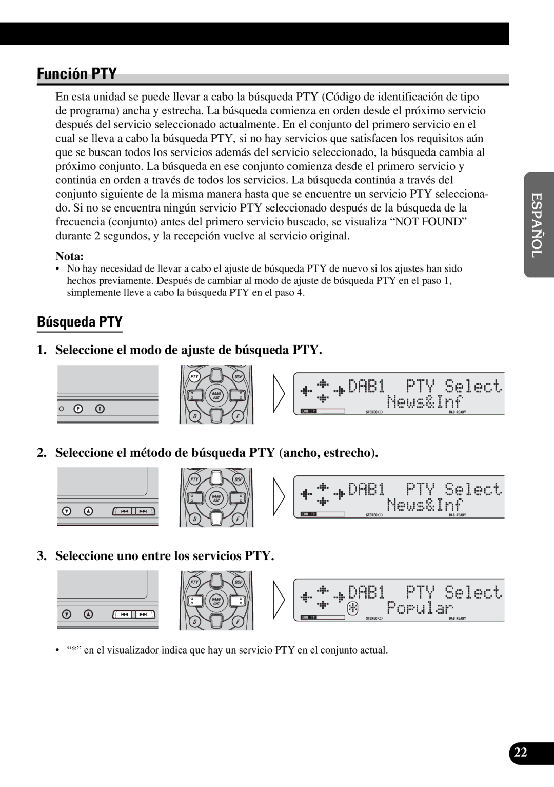 Pioneer GEX-P900DAB operation manual Función PTY, Búsqueda PTY 