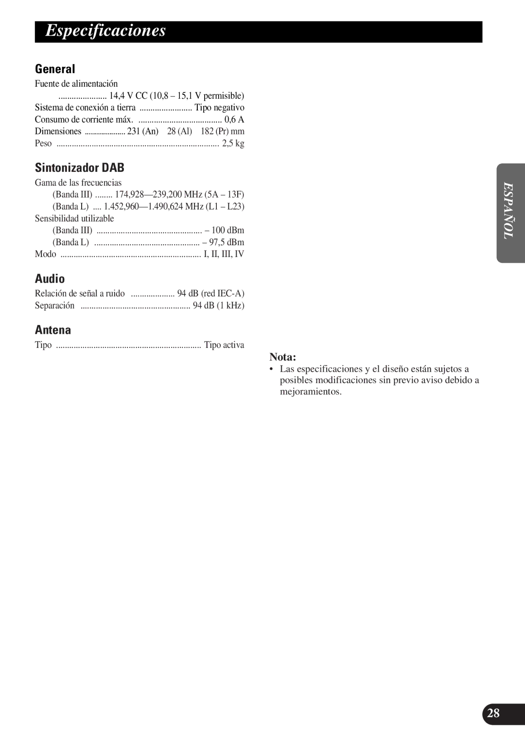 Pioneer GEX-P900DAB operation manual Especificaciones, Sintonizador DAB, Antena 