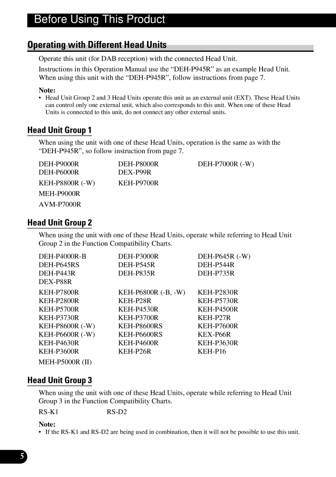 Pioneer GEX-P900DAB operation manual Operating with Different Head Units, Head Unit Group 