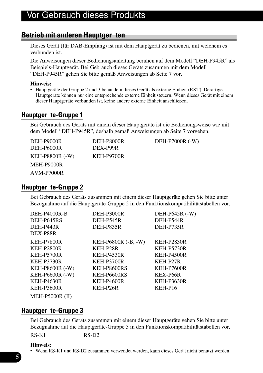 Pioneer GEX-P900DAB operation manual Betrieb mit anderen Hauptgeräten, Hauptgeräte-Gruppe, Hinweis 