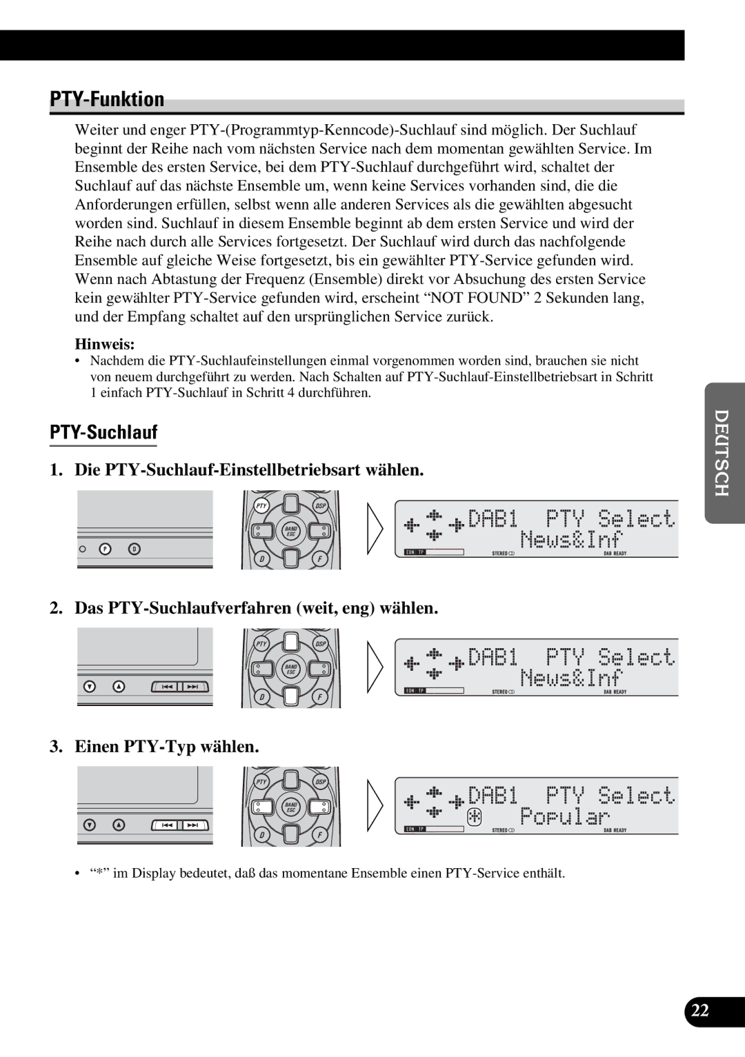 Pioneer GEX-P900DAB operation manual PTY-Funktion, PTY-Suchlauf 