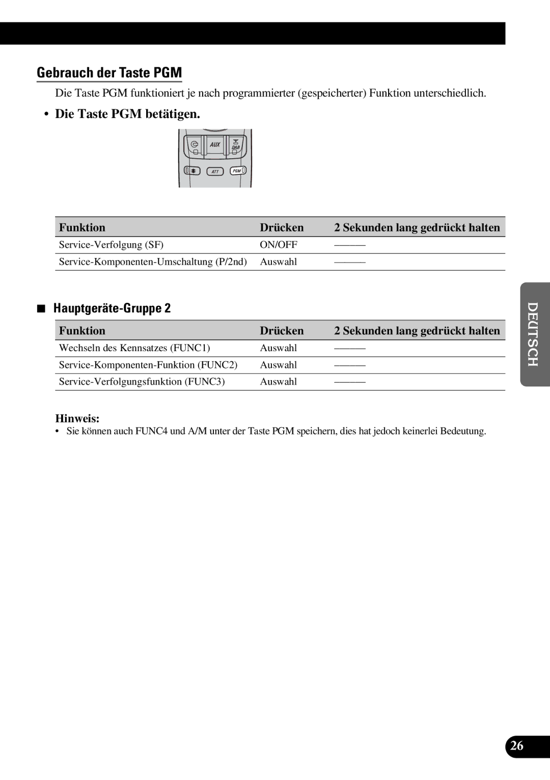 Pioneer GEX-P900DAB operation manual Gebrauch der Taste PGM, Die Taste PGM betätigen, Funktion Drücken 