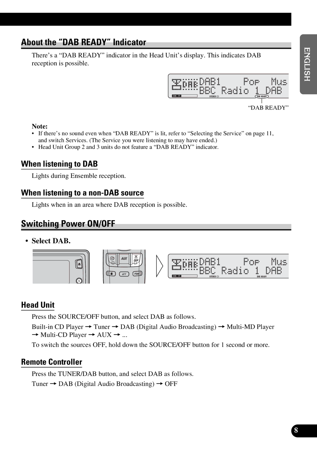 Pioneer GEX-P900DAB operation manual About the DAB Ready Indicator, Switching Power ON/OFF 