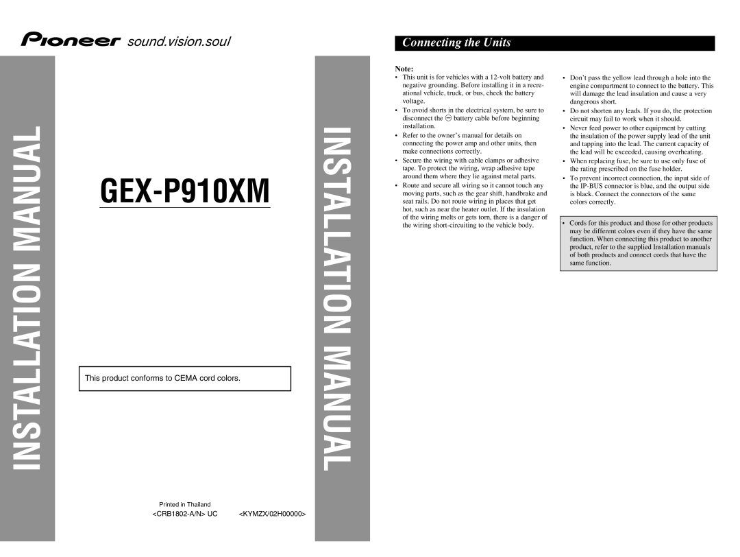 Pioneer GEX-P910XM installation manual Connecting the Units 