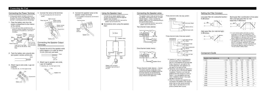 Pioneer GM-3000T Connecting the Power Terminal, Using the Speaker Input Connecting the Speaker wires, Component Guide 