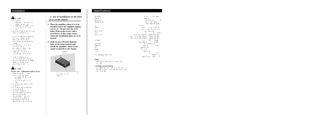 Pioneer GM-3000T owner manual Installation, Specifications, Example of installation on the floor mat or on the chassis 