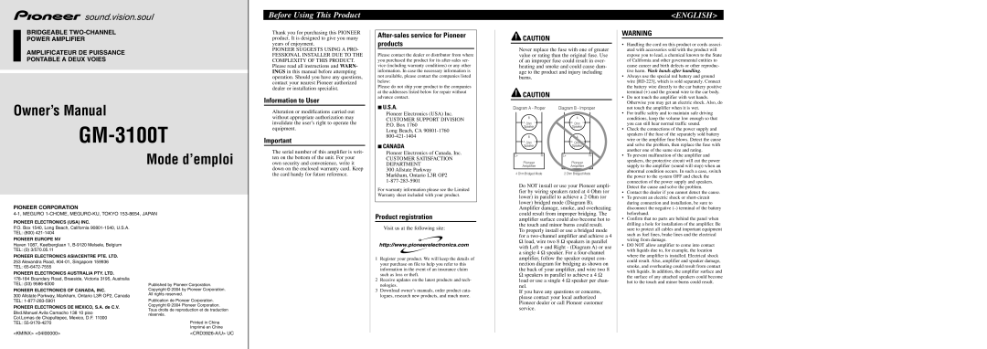 Pioneer GM-3100T owner manual Before Using This Product, English, Information to User, Product registration 