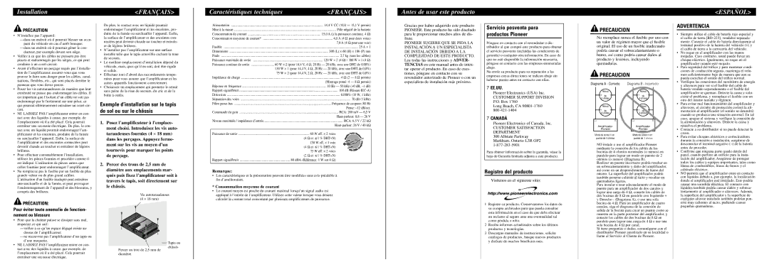 Pioneer GM-3100T Caractéristiques techniques, Antes de usar este producto, Español, Registro del producto, Canadá 