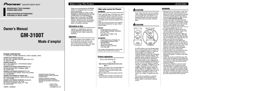 Pioneer GM-3100T owner manual Before Using This Product, English, Information to User, Product registration, 7U.S.A 