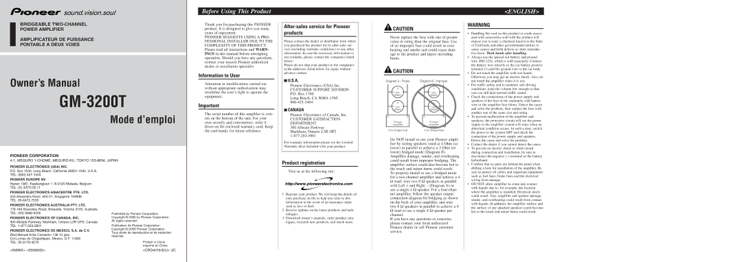 Pioneer GM-3200T owner manual Before Using This Product, English, Information to User, Product registration 