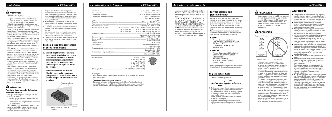 Pioneer GM-3200T owner manual Caractéristiques techniques, Antes de usar este producto, Español, Precaucion, Advertencia 