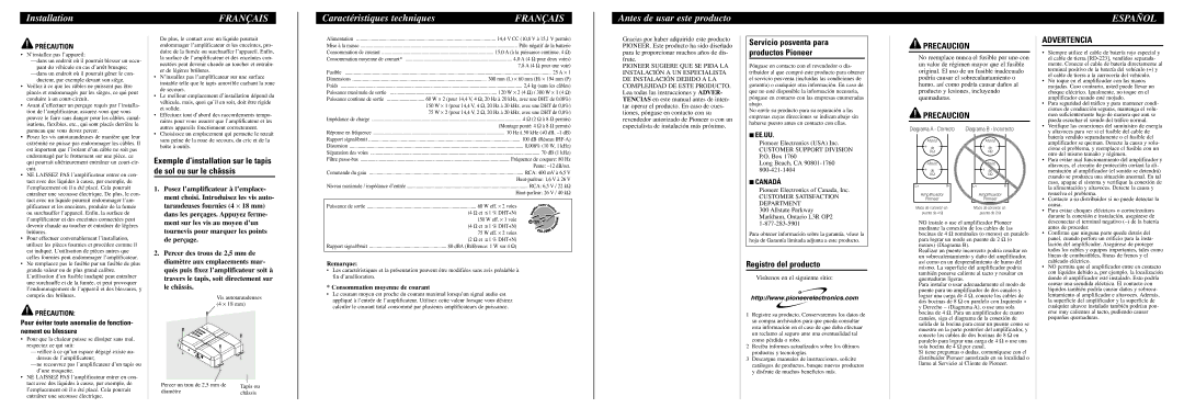 Pioneer GM-3300T owner manual Caractéristiques techniques, Antes de usar este producto, Español, Precaucion, Advertencia 