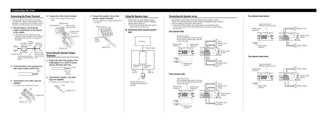 Pioneer GM-4000F owner manual Connecting the Power Terminal, Using the Speaker Input, Connecting the Speaker wires 