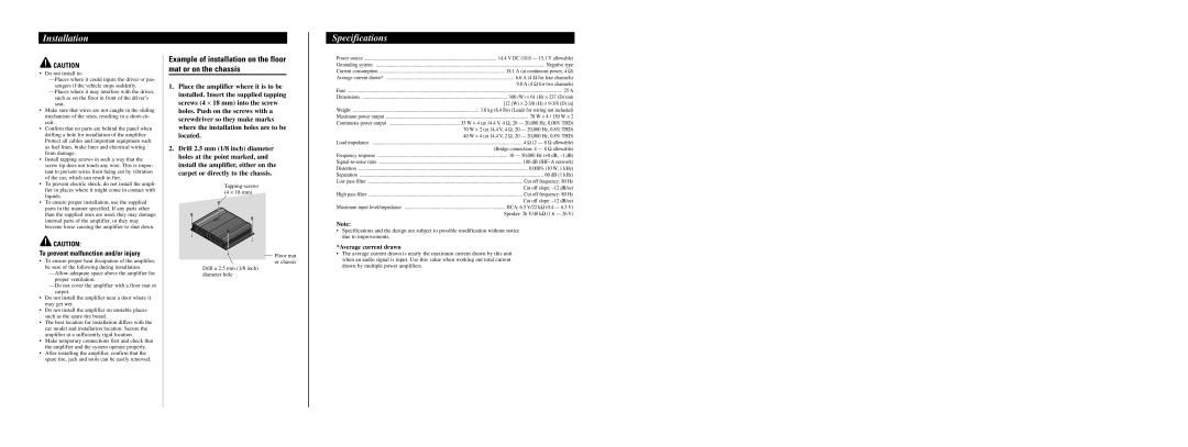 Pioneer GM-4000F owner manual Installation, Specifications, Example of installation on the floor mat or on the chassis 