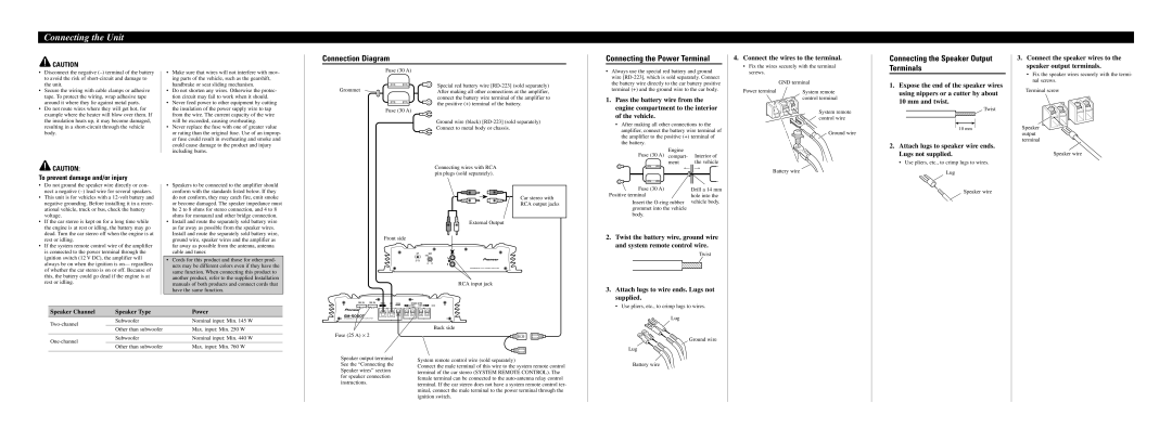 Pioneer GM-5000T Connecting the Unit, Connection Diagram Connecting the Power Terminal, To prevent damage and/or injury 