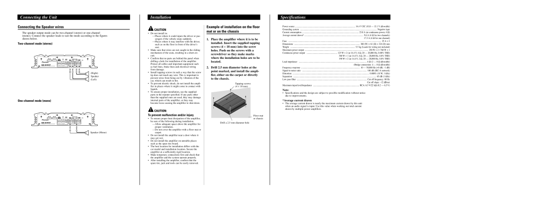 Pioneer GM-5000T owner manual Installation, Specifications, Connecting the Speaker wires 