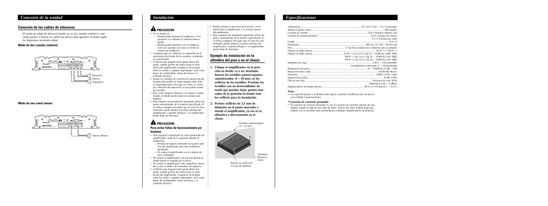 Pioneer GM-5000T owner manual Instalación, Especificaciones, Conexión de los cables de altavoces 