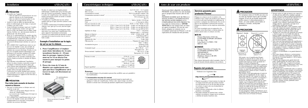 Pioneer GM-5100T Caractéristiques techniques, Antes de usar este producto, Español, Registro del producto, Canadá 