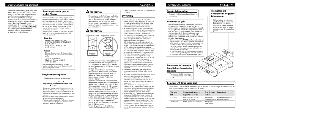 Pioneer GM-5300T owner manual Avant d’utiliser cet appareil, Français, Réglage de l’appareil, Précaution 