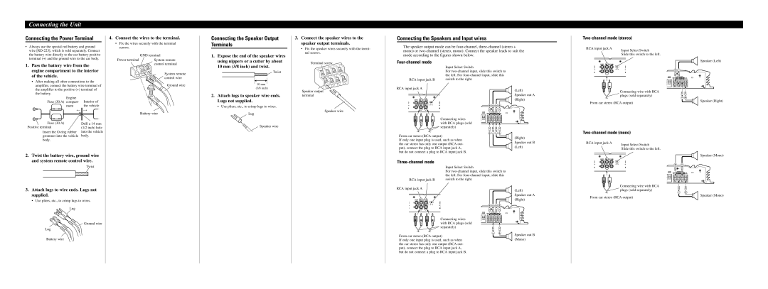 Pioneer GM-6000F owner manual Connecting the Power Terminal, Connecting the Speaker Output Terminals, Three-channel mode 