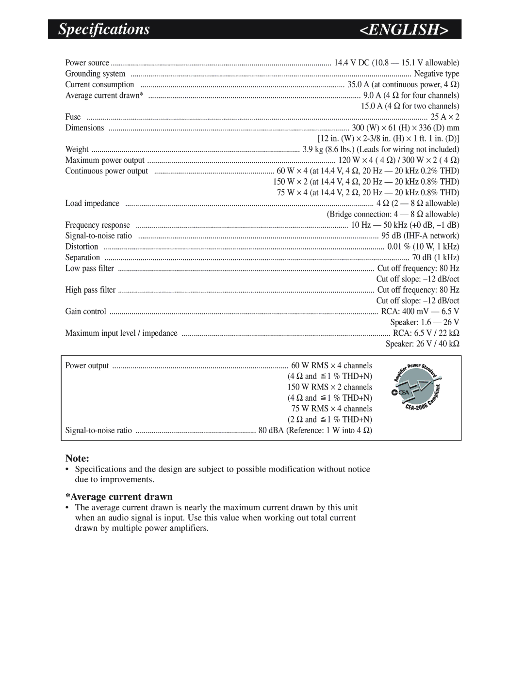 Pioneer GM-6200F owner manual Specifications 