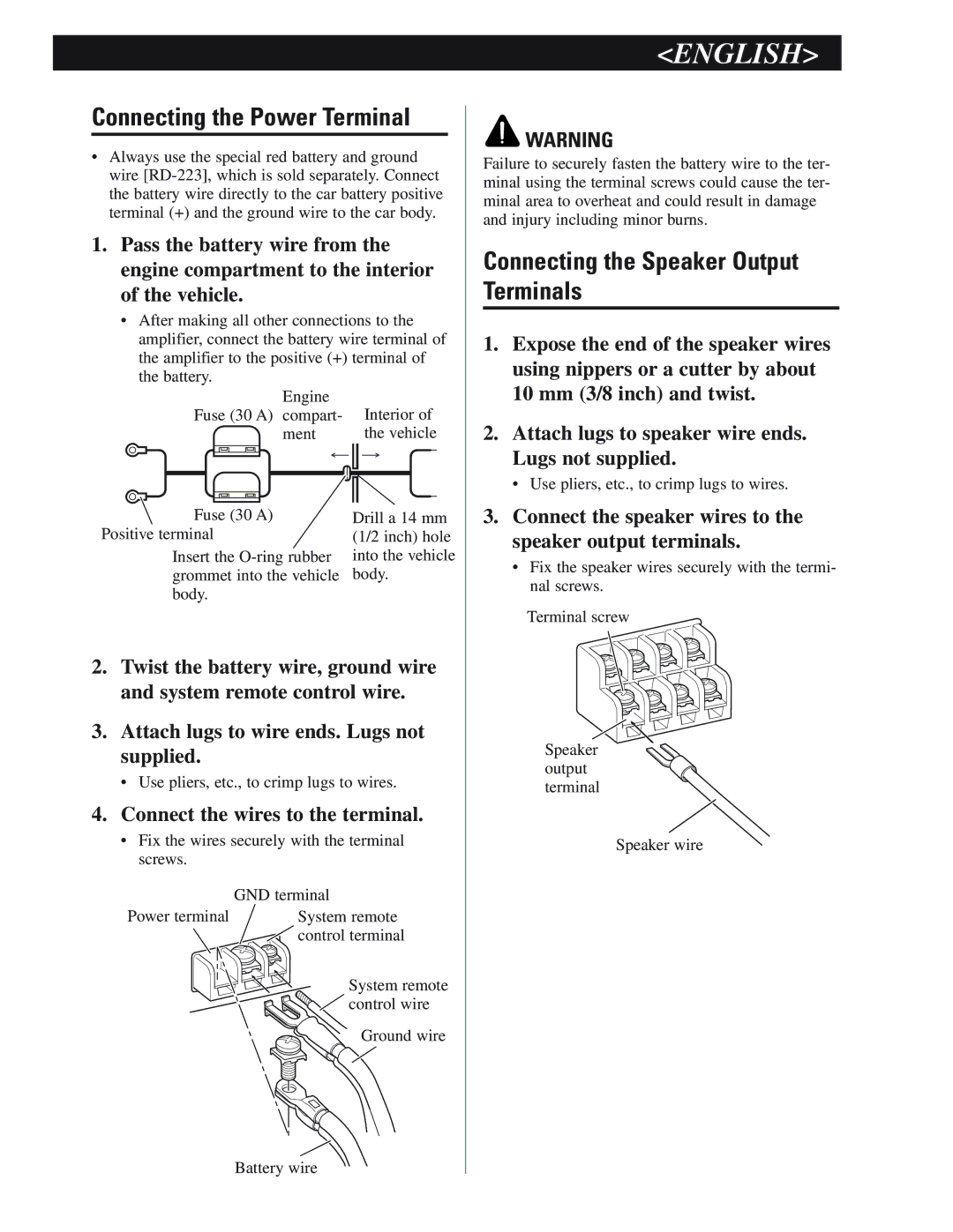 Pioneer GM-6200F owner manual Connecting the Power Terminal, Connecting the Speaker Output Terminals 