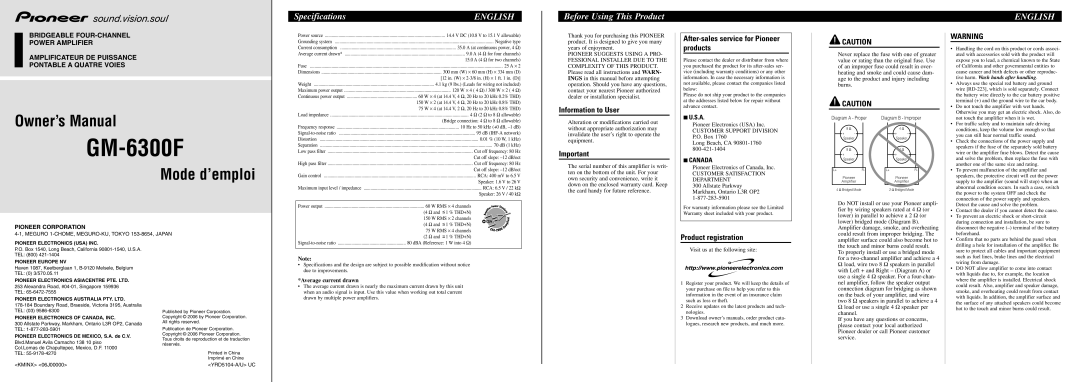 Pioneer GM-6300F specifications Specifications, English, Before Using This Product 