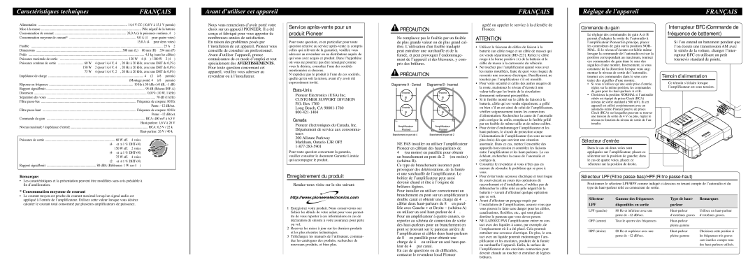 Pioneer GM-6300F Caractéristiques techniques, Français, Avant d’utiliser cet appareil, Réglage de l’appareil, Précaution 