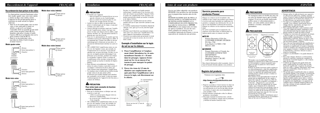 Pioneer GM-6300F specifications Antes de usar este producto, Español, Precaucion, Advertencia, Registro del producto 