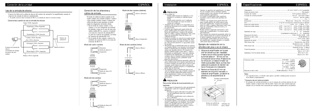 Pioneer GM-6300F specifications Instalación, Especificaciones, Uso de la entrada de altavoz 