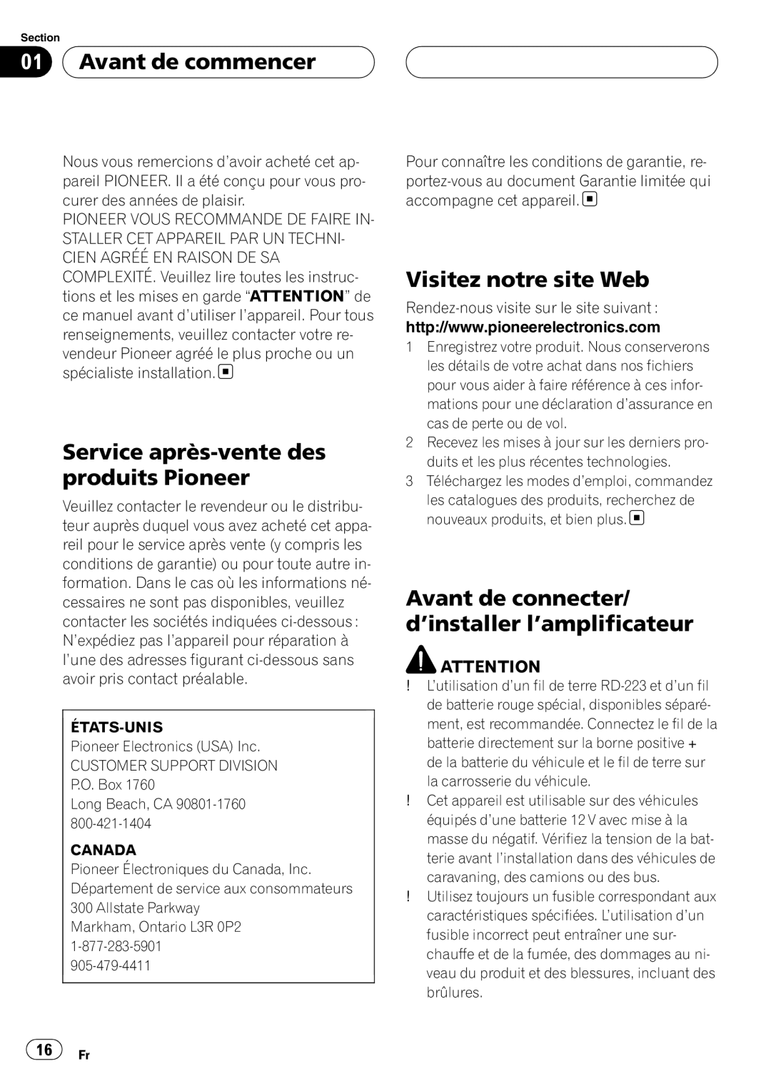 Pioneer GM-6400F owner manual Avant de commencer, Service après-vente des produits Pioneer, Visitez notre site Web 