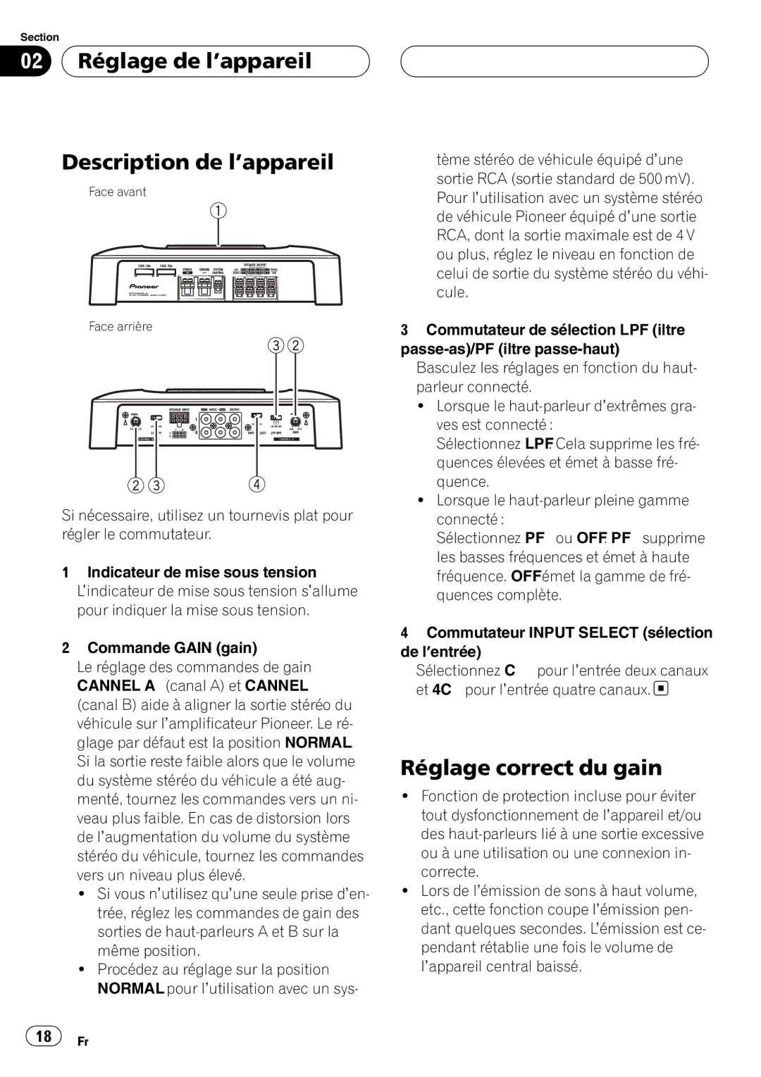 Pioneer GM-6400F owner manual 02 Réglage de l’appareil Description de l’appareil, Réglage correct du gain 