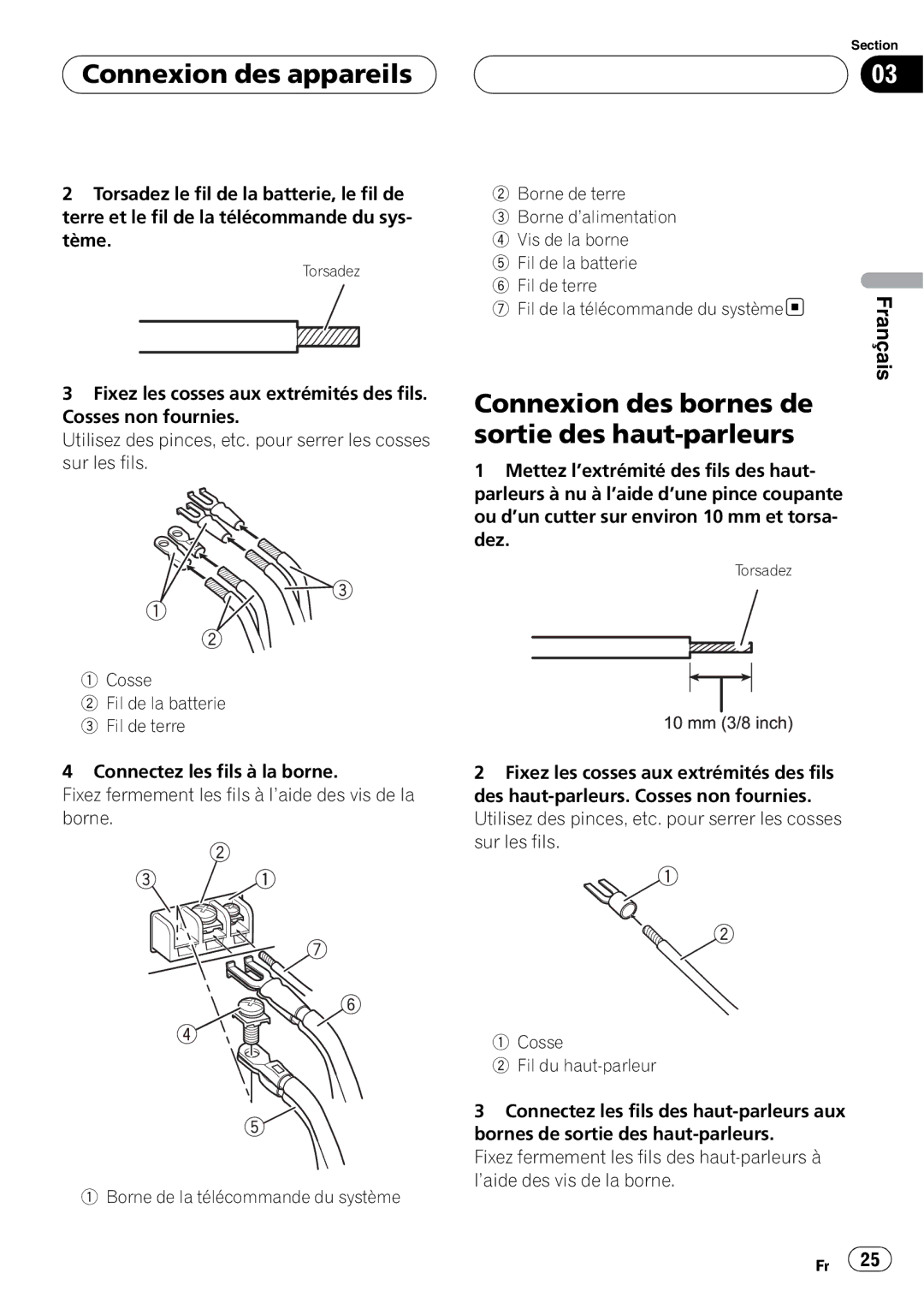 Pioneer GM-6400F owner manual Connexion des bornes de sortie des haut-parleurs, Fil de la télécommande du système 