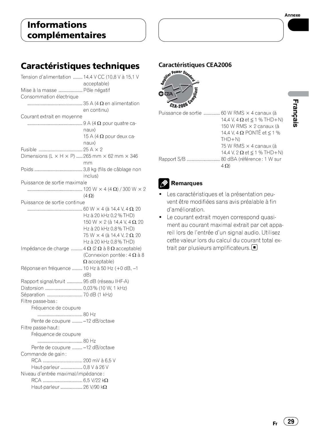 Pioneer GM-6400F owner manual Informations complémentaires Caractéristiques techniques, Caractéristiques CEA2006 