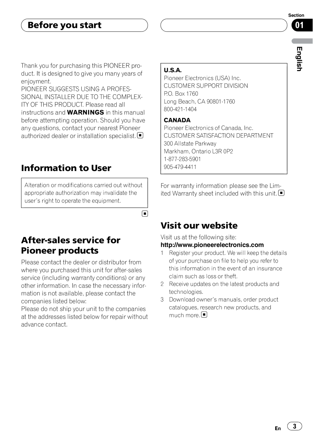 Pioneer GM-6400F Before you start, Information to User, After-sales service for Pioneer products, Visit our website 