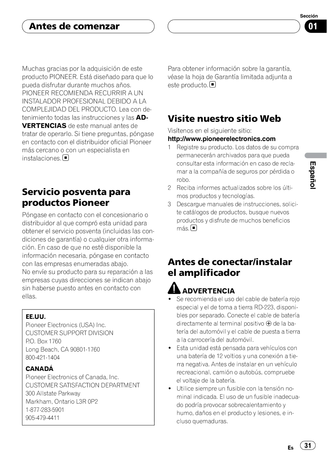 Pioneer GM-6400F owner manual Antes de comenzar, Servicio posventa para productos Pioneer, Visite nuestro sitio Web 