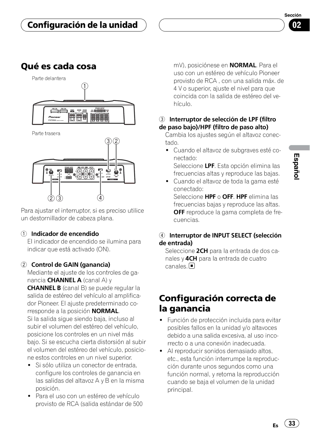 Pioneer GM-6400F owner manual Configuración de la unidad Qué es cada cosa, Configuración correcta de la ganancia, Nectado 