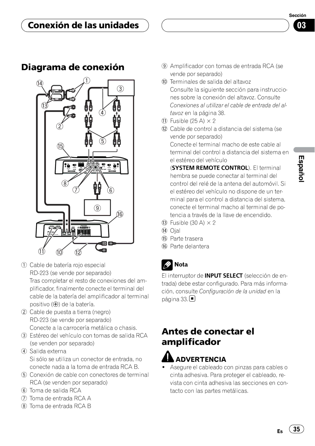 Pioneer GM-6400F owner manual Conexión de las unidades Diagrama de conexión, Antes de conectar el amplificador 