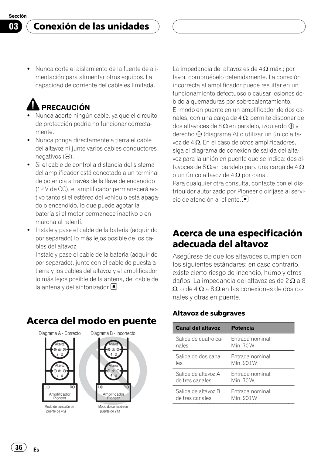 Pioneer GM-6400F Conexión de las unidades, Acerca del modo en puente, Acerca de una especificación adecuada del altavoz 