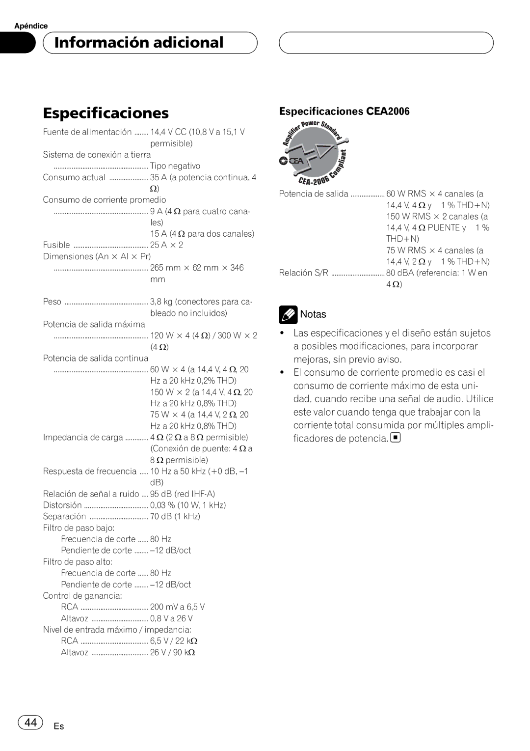 Pioneer GM-6400F owner manual Información adicional Especificaciones, Especificaciones CEA2006 