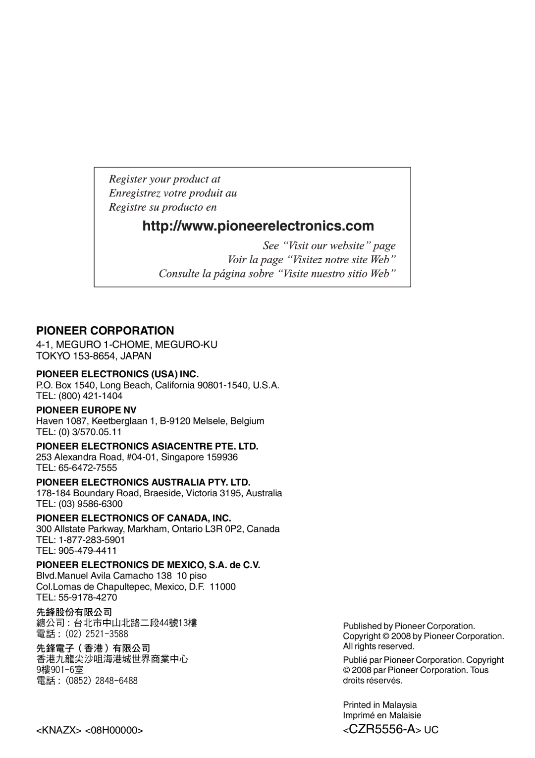 Pioneer GM-6400F owner manual Pioneer Corporation, Knazx 08H00000 