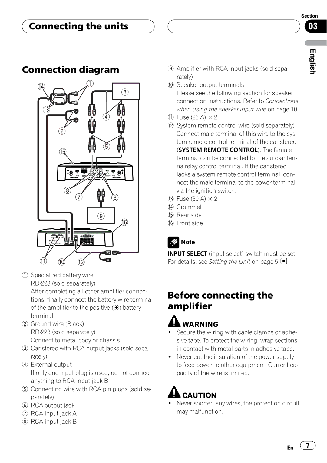 Pioneer GM-6400F owner manual Connecting the units Connection diagram, Before connecting the amplifier, Fuse 25 a × 